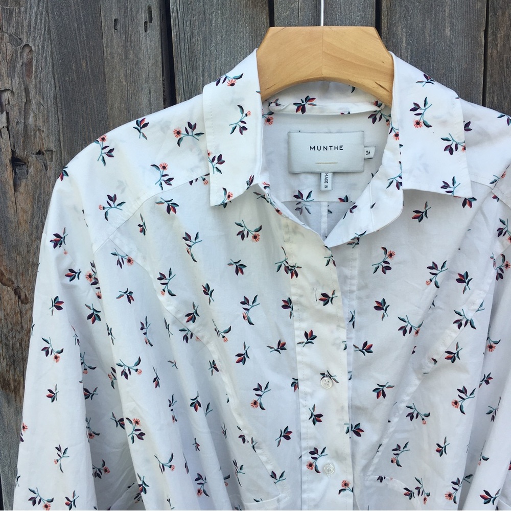 New Munthe Patrina Floral Long Sleeve Stretch Organic Cotton Shirtdress White 36 - Picture 6 of 16